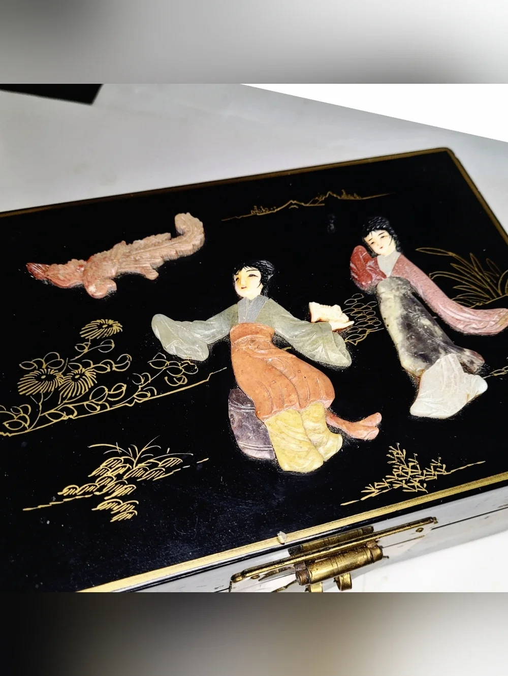 Vintage Black Lacquer Jadeite & Inlay Jewelry Box W/ Brass & Silk